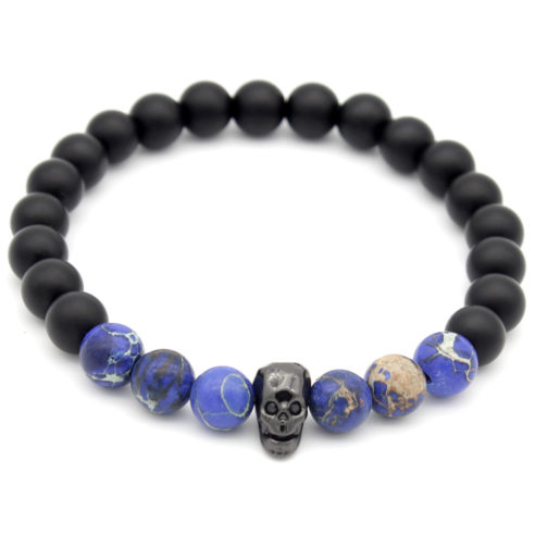 Bracelet tête de mort avec perles d'onyx et de jaspe impérial