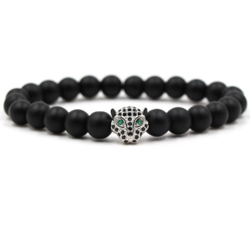 Bracelet tête de léopard et perles d'onyx mate noir