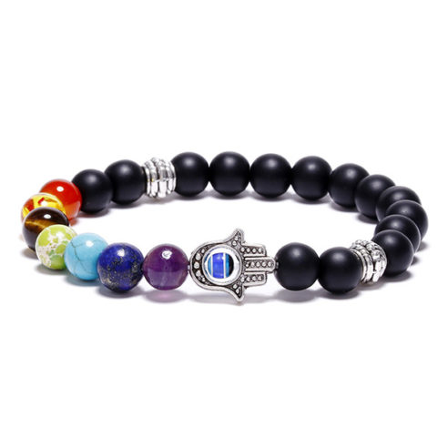 Bracelet Hamsa, 7 chakras et perles d'agate noire