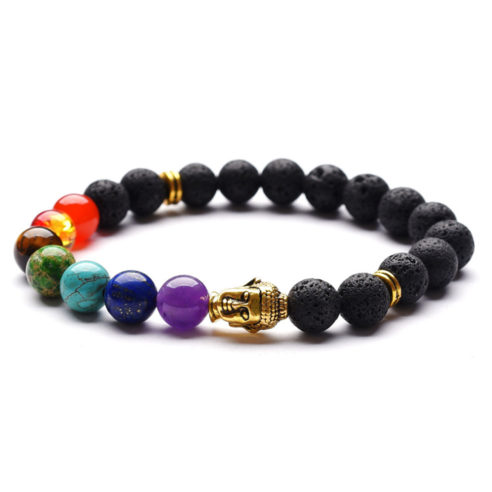 Bracelet bouddha orné de 7 perles de couleur symbolisant les 7 chakra et de perles de pierre de lave noire