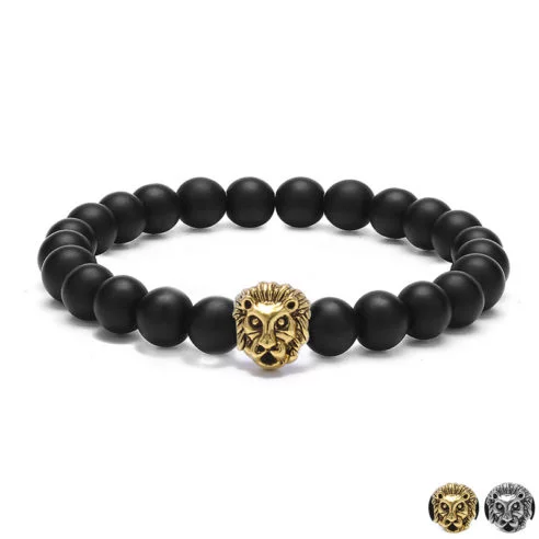 Bracelet tête de lion et perles d'onyx mate noir