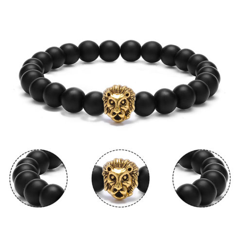 Bracelet tête de lion et perles d'onyx mate noir