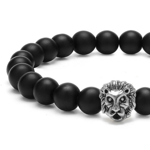 Bracelet tête de lion et perles d'onyx mate noir