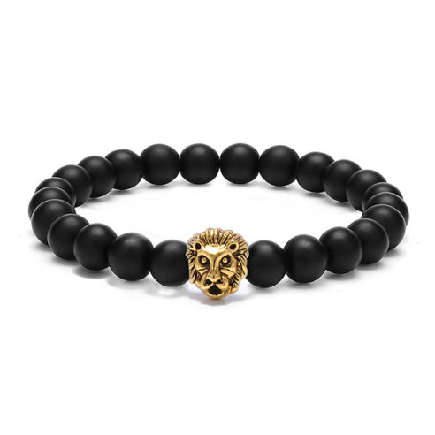 Bracelet tête de lion couleur or et perles d'onyx mate noir