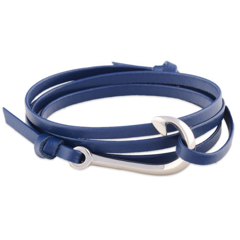 Bracelet nautique en cuir bleu avec hameçon en acier inoxydable
