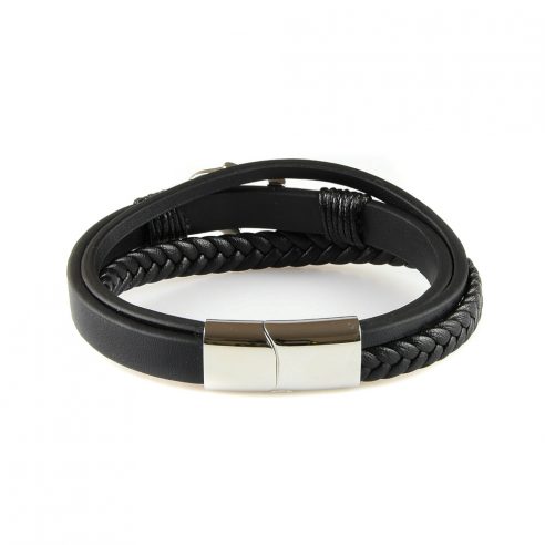 Bracelet pour homme avec trois lanières de cuir lisse et tressé et une élégante ancre marine en acier inoxydable.