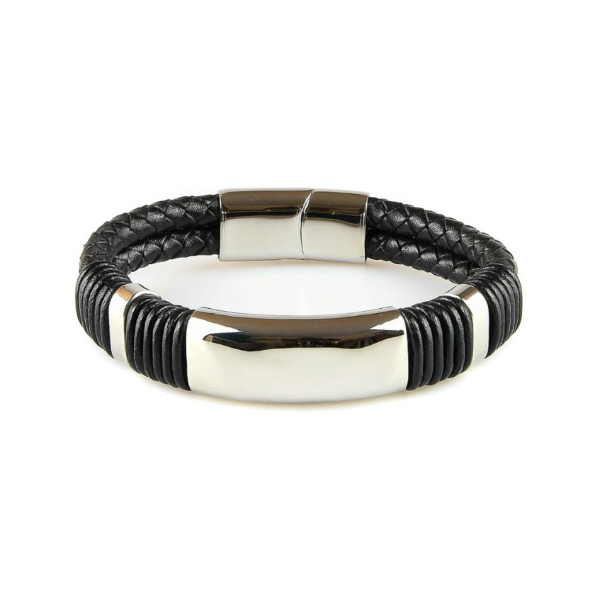 Bracelet en cuir noir avec plaque en acier inoxydable entourée de cordage