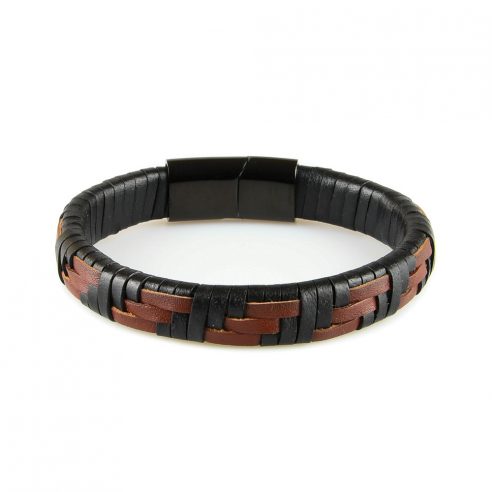 Bracelet en cuir tressé noir et marron et fermoir en acier inoxydable