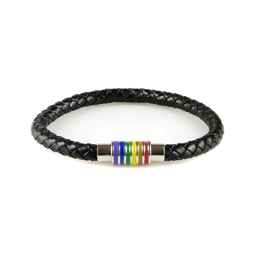 Bracelet pour homme en cuir noir avec fermoir magnétique multicolore en acier inoxydable