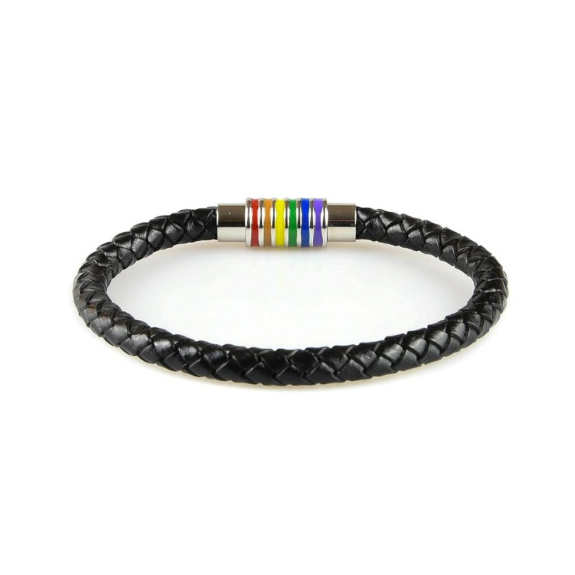 Bracelet pour homme en cuir noir avec fermoir magnétique multicolore en acier inoxydable