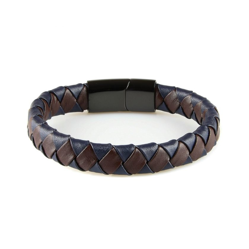 Bracelet en cuir synthétique bleu et marron tressé et fermoir en acier inoxydable noir