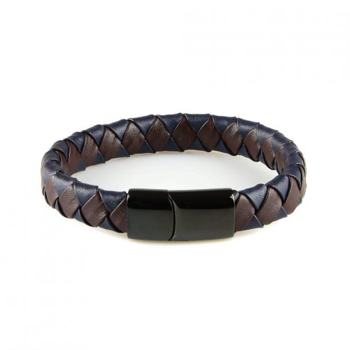 Bracelet en cuir synthétique bleu et marron tressé et fermoir en acier inoxydable noir