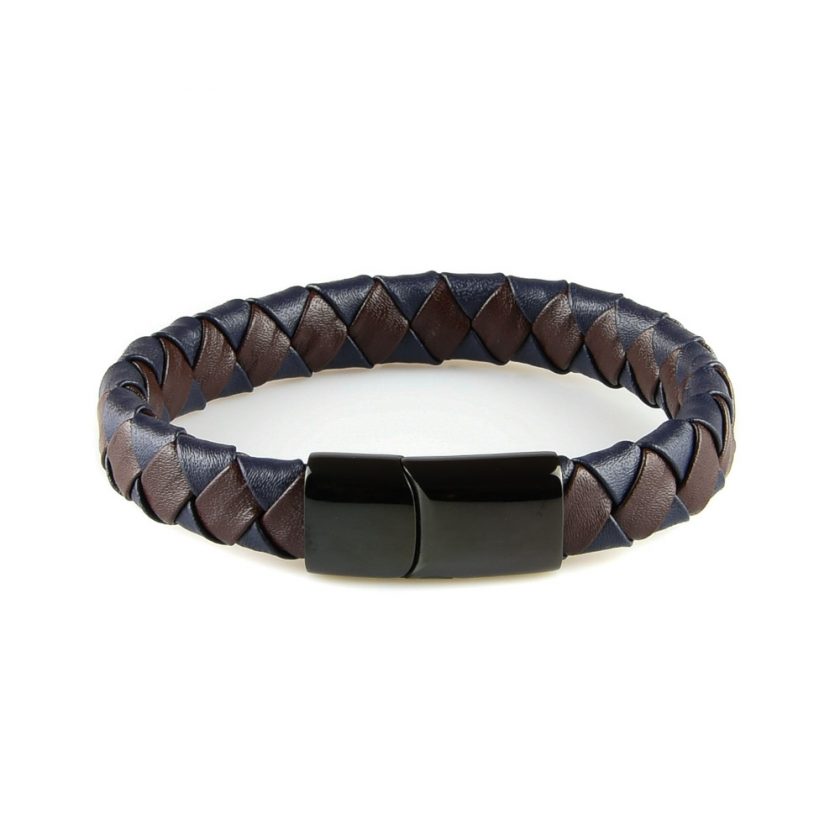 Bracelet en cuir synthétique bleu et marron tressé et fermoir en acier inoxydable noir