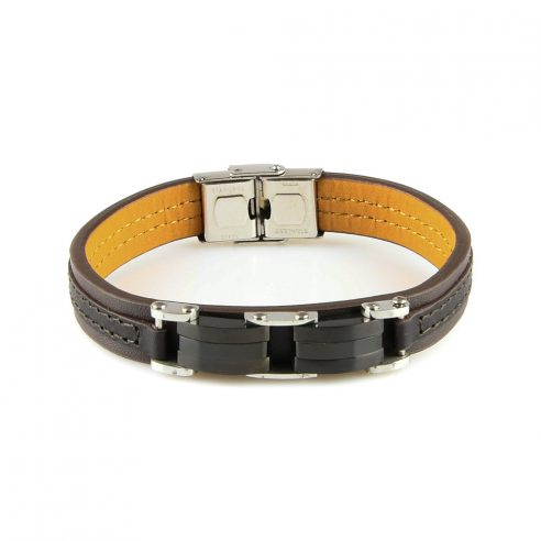 Bracelet pour homme en cuir synthétique marron avec maillons en acier inoxydable noir