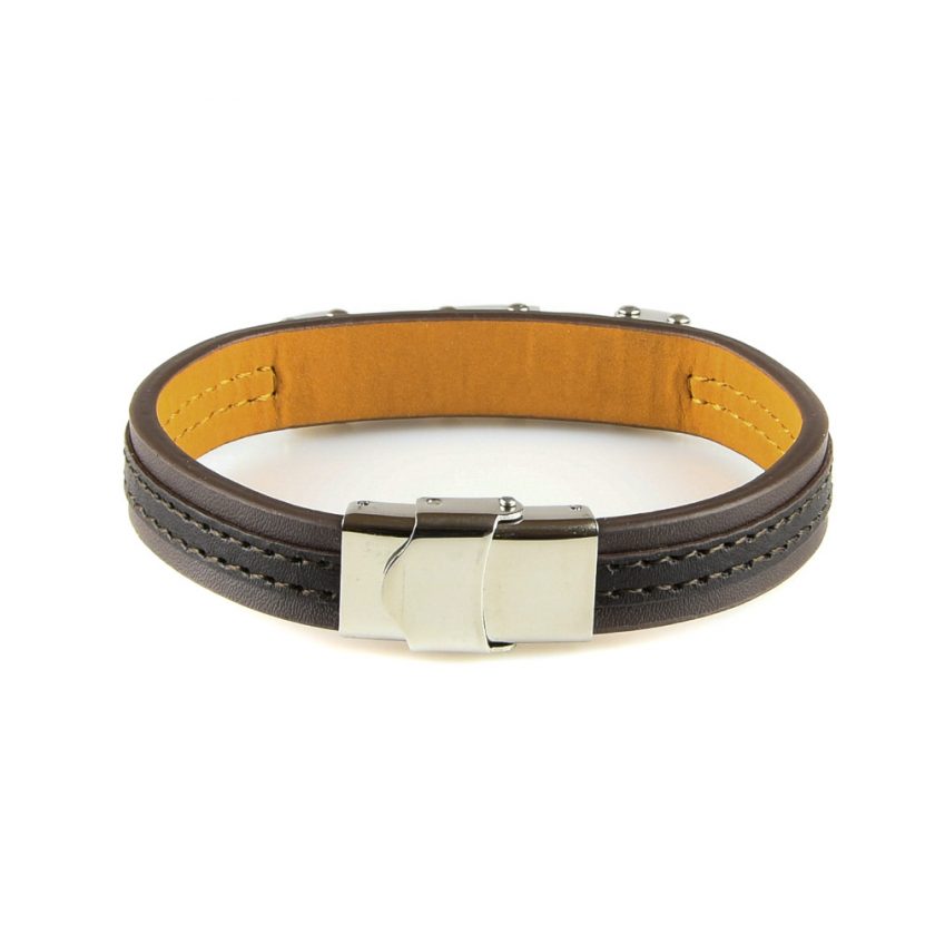 Bracelet pour homme en cuir synthétique marron avec maillons en acier inoxydable noir