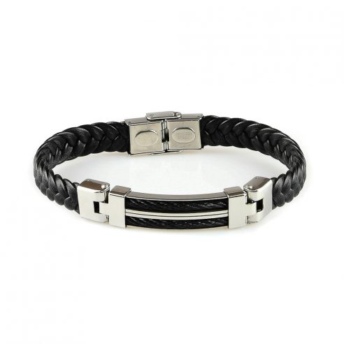 Bracelet pour homme en cuir synthétique noir tressé avec plaque en acier inoxydable