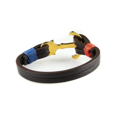 Bracelet en cuir noir avec fermoir ancre en acier inoxydable couleur or