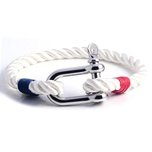 Bracelet nautique bleu blanc rouge avec manille en acier inoxydable