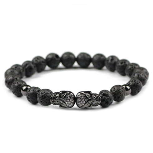 Bracelet têtes de mort et perles de pierre de lave