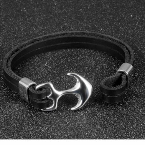 Bracelet en cuir noir avec ancre en acier inoxydable