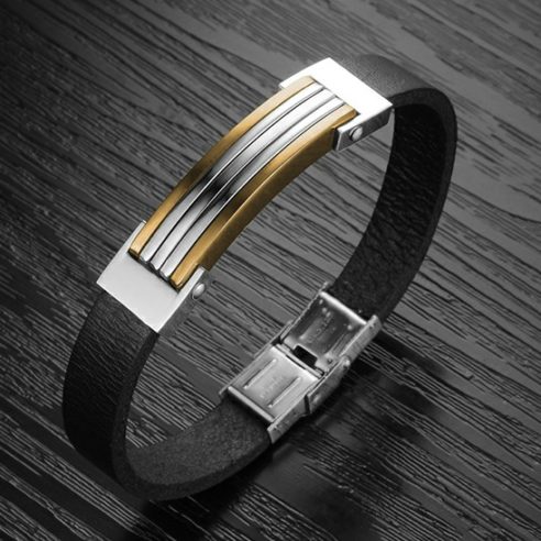 Bracelet en cuir noir avec plaque en acier inoxydable et bandes plaquées or