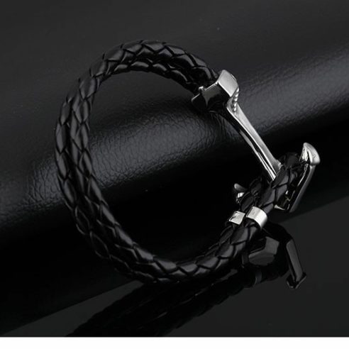 Bracelet en cuir noir avec ancre en acier inoxydable