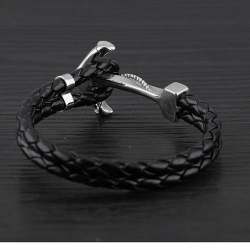 Bracelet en cuir noir avec ancre en acier inoxydable