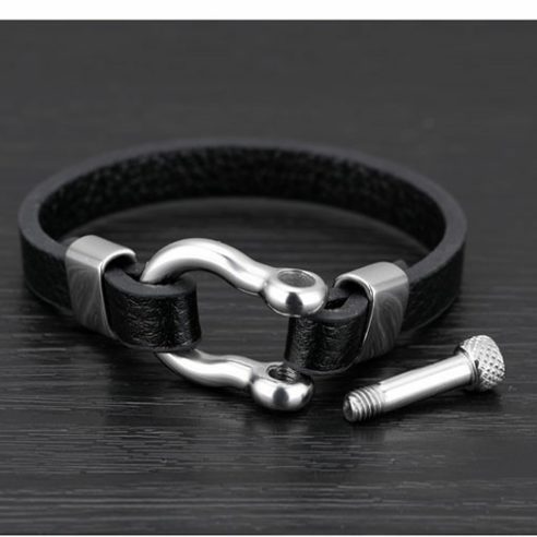 Bracelet pour homme en cuir noir avec manille en acier inoxydable