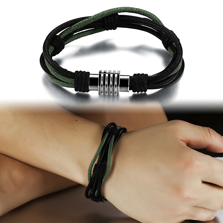 Bracelet en cuir et corde avec fermoir magnétique en acier inoxydable