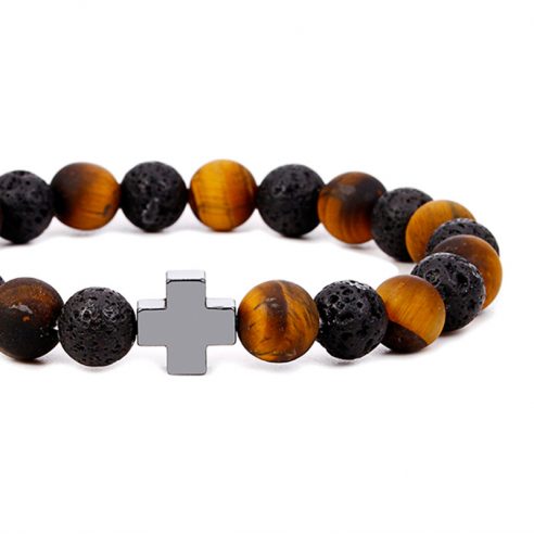 Bracelet avec élégante croix, perles œil de tigre et pierre de lave