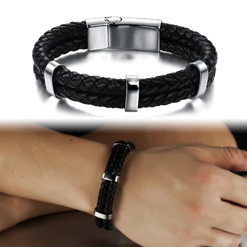 Bracelet en cuir tressé noir et fermoir en acier inoxydable