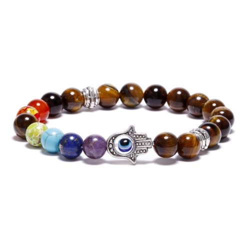 Bracelet Hamsa, 7 chakras et perles œil de tigre