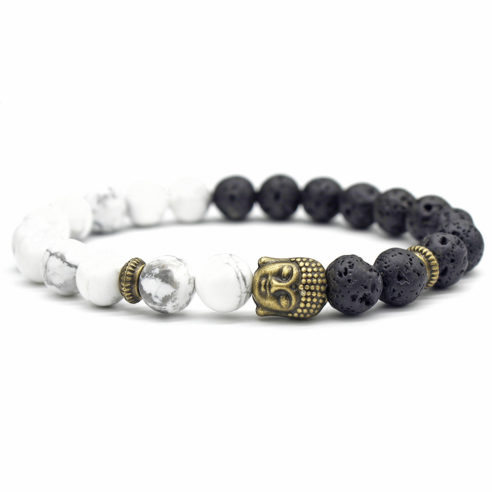 Bracelet bouddha avec perles de howlite et pierre de lave