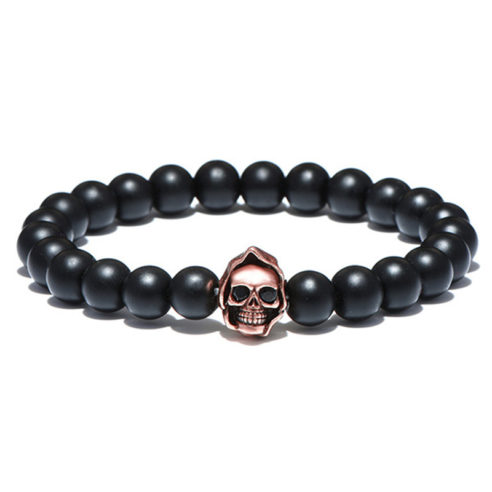 Bracelet tête de mort et perles d'agate mate noire