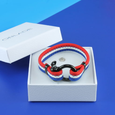 Bracelet bleu blanc rouge avec fermoir manille en acier inoxydable noir