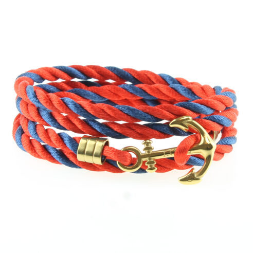 Bracelet multi-tours en nylon rouge et bleu avec ancre en acier inoxydable couleur or