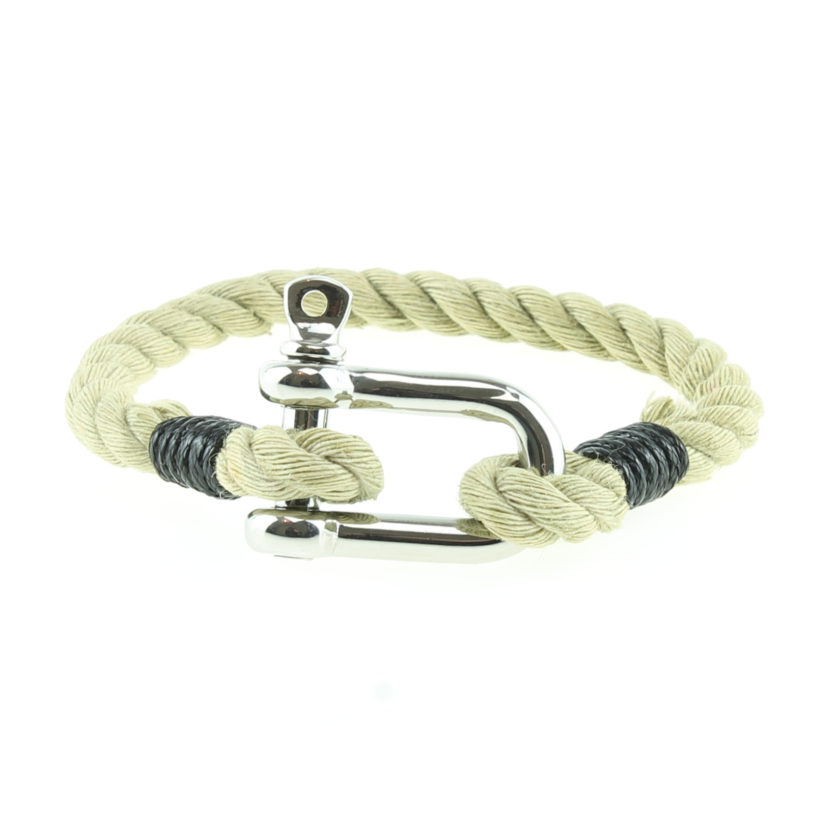 Bracelet nautique beige et noir avec manille en acier inoxydable