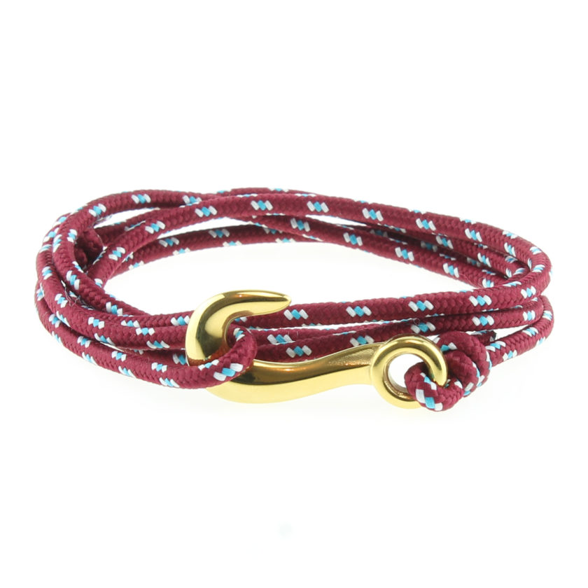 Bracelet en nylon rouge à points bleus et blancs avec fermoir en forme d'hameçon en acier inoxydable