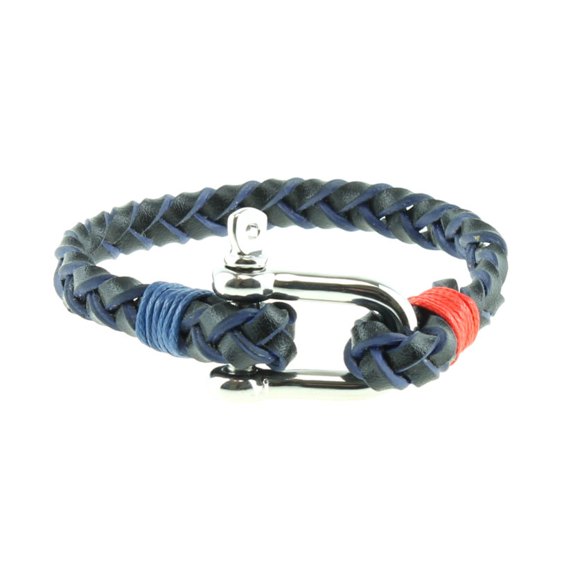 Bracelet nautique en cuir tressé avec manille en acier inoxydable