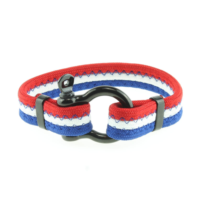 Bracelet bleu blanc rouge avec fermoir manille en acier inoxydable noir