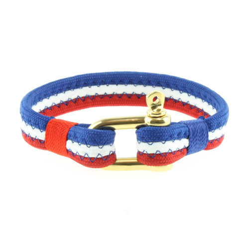 Bracelet bleu blanc rouge avec fermoir manille en acier inoxydable or