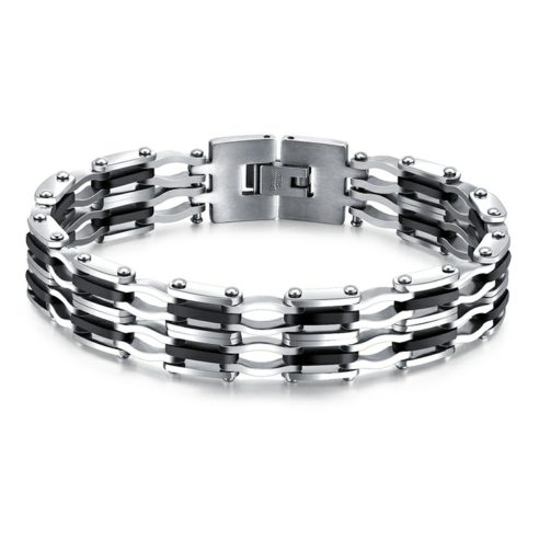 Bracelet en acier inoxydable argent et noir avec maillons plats et ondulés