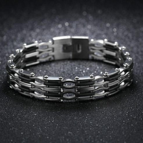 Bracelet en acier inoxydable argent et noir avec maillons plats et ondulés