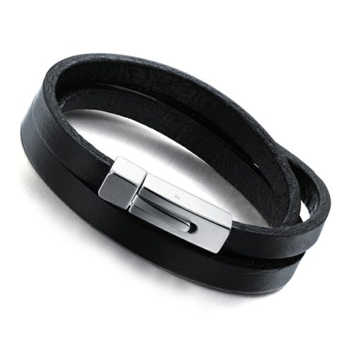 Bracelet multi-tours en cuir noir et fermoir en acier inoxydable