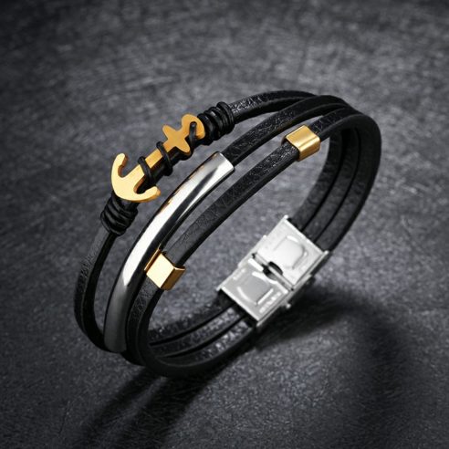 Bracelet en cuir noir avec ancre en acier inoxydable plaquée or