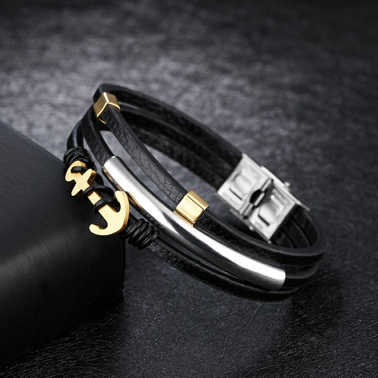 Bracelet en cuir noir avec ancre en acier inoxydable plaquée or