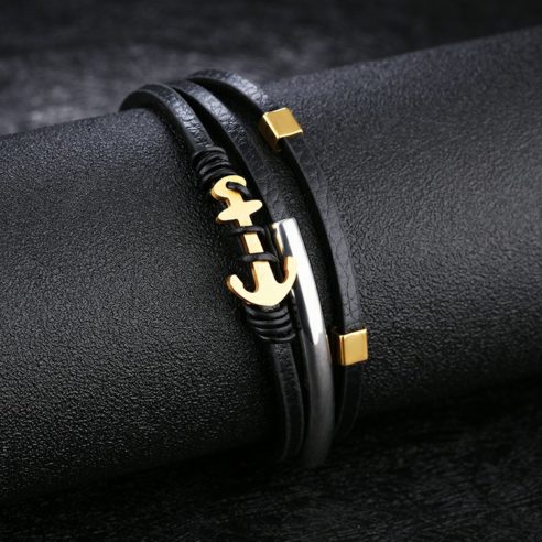 Bracelet en cuir noir avec ancre en acier inoxydable plaquée or