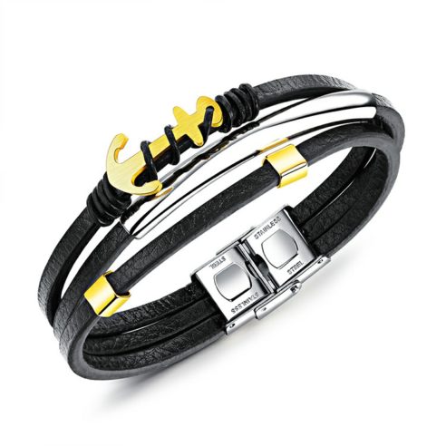 Bracelet en cuir noir avec ancre en acier inoxydable plaquée or