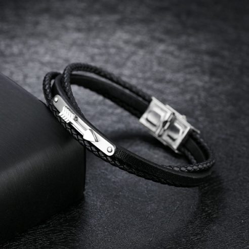 Bracelet pour homme en cuir noir et plaque en acier inoxydable avec une flèche