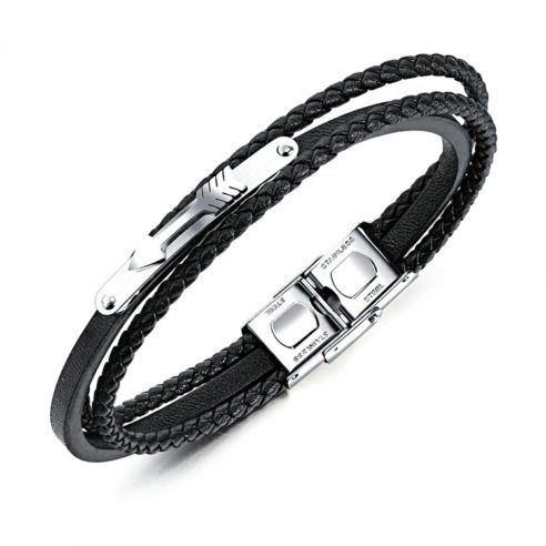 Bracelet pour homme en cuir noir et plaque en acier inoxydable avec une flèche